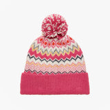 Joules KARA BOBBLE Womens Beanie Hat Pink front view with pom pom and colorful zigzag pattern