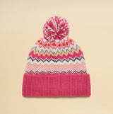 Joules KARA BOBBLE Womens Beanie Hat Pink top view with pom pom detail and colorful zigzag pattern.