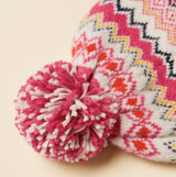 Joules KARA BOBBLE Womens Beanie Hat Pink detail view showing the colorful pom-pom and knitted pattern.