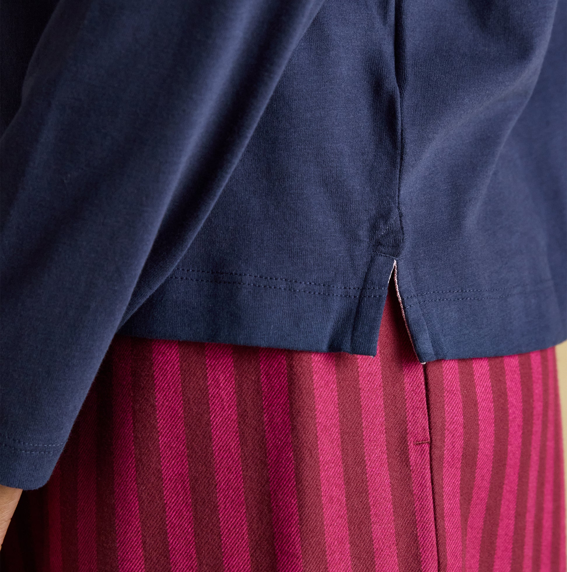 Joules JERSEY Pyjama Top Womens Sweatshirts Navy detail view showing back hem and fabric texture.