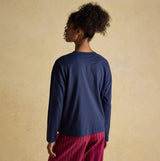 Joules JERSEY Pyjama Top Womens Sweatshirts Navy back view, showcasing 100% cotton fabric and long sleeves.