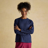 Joules JERSEY Pyjama Top Womens Sweatshirts Navy front view on model with curly hair.