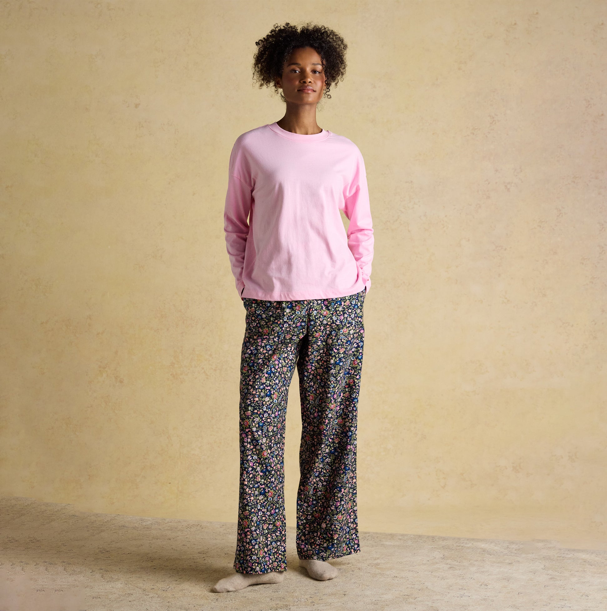 Joules JERSEY Pyjama Top Womens Sweatshirts Pink front view on model with patterned trousers