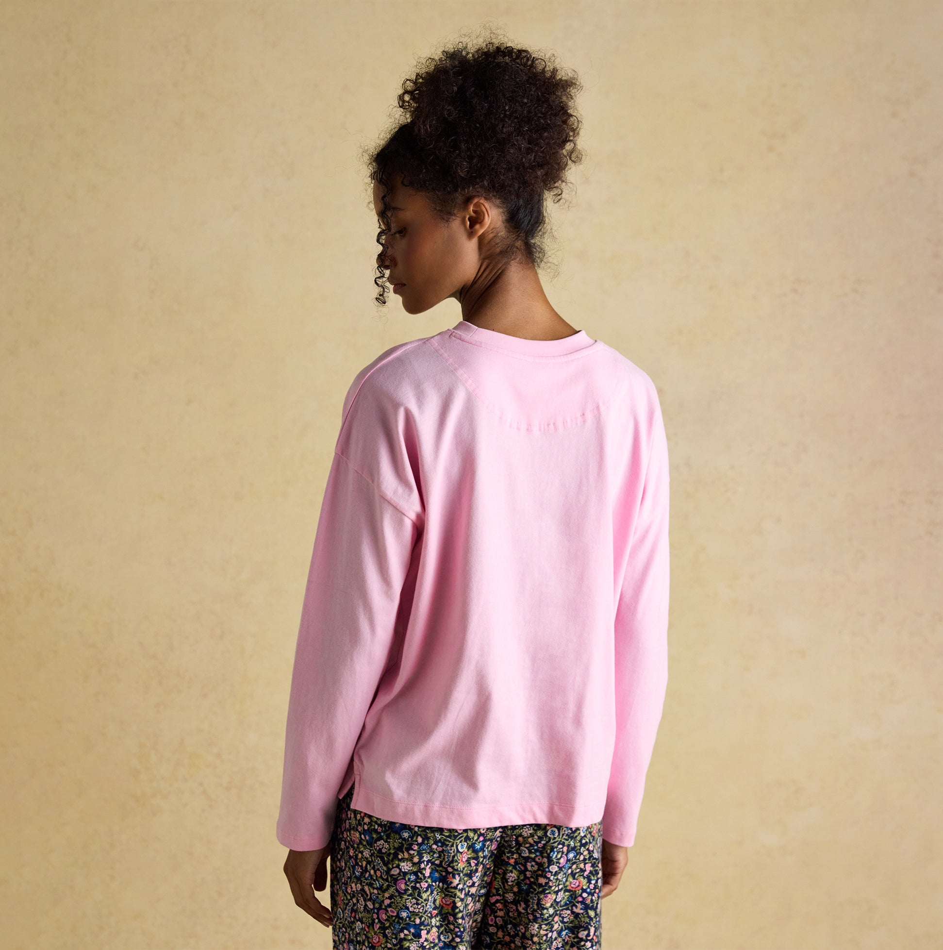 Joules JERSEY Pyjama Top Womens Sweatshirts Pink back view, showcasing soft cotton fabric and relaxed fit.