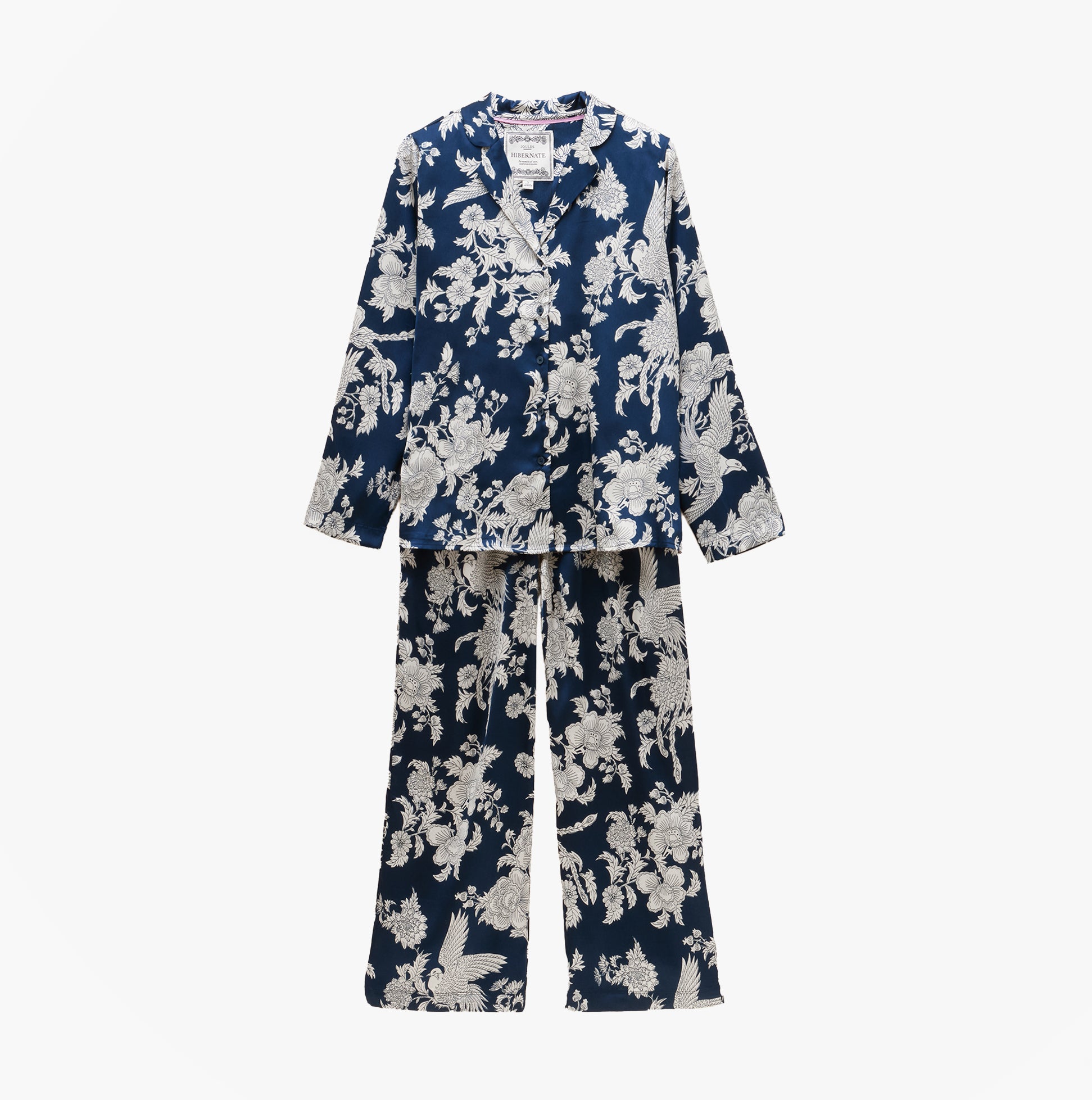 Joules BONNIE Womens Pyjama Set Navy Floral front view featuring long-sleeve top and wide-leg pants.