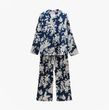Joules BONNIE Womens Pyjama Set Navy Floral front view featuring long-sleeve top and wide-leg pants.