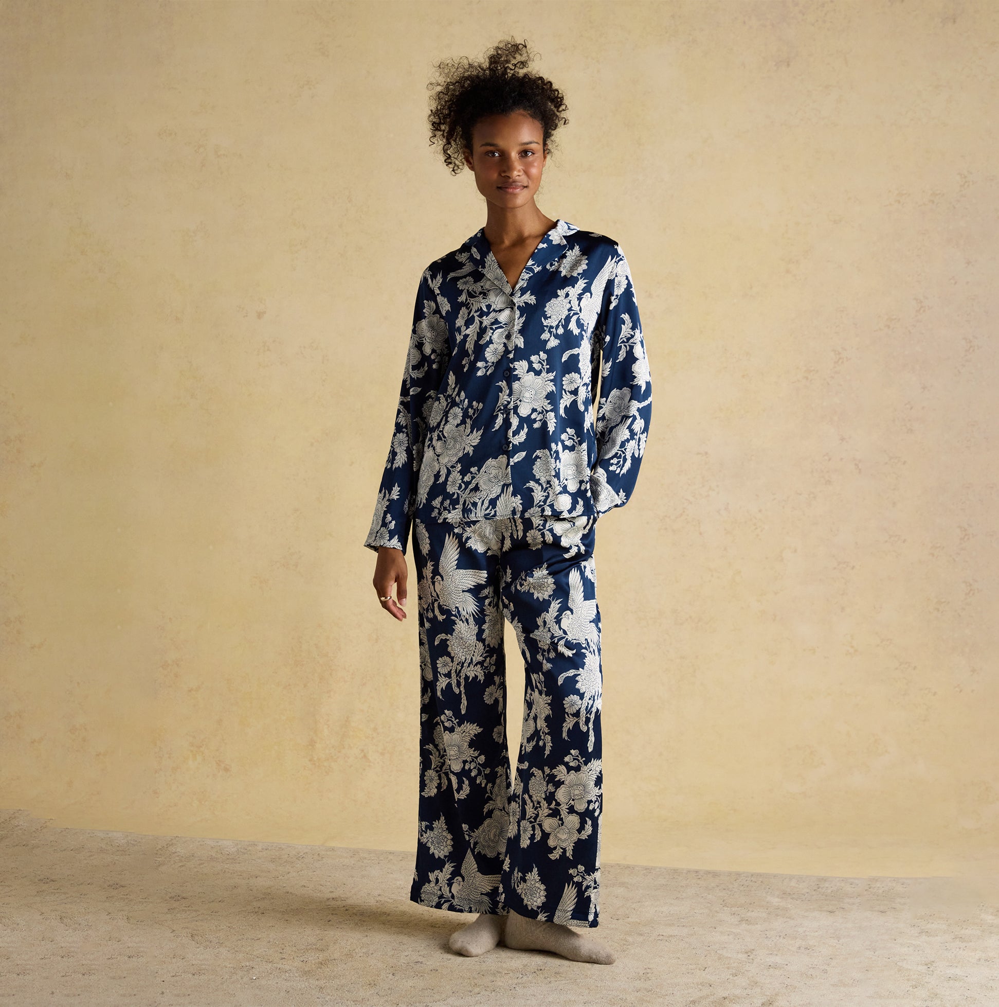 Joules BONNIE Womens Pyjama Set Navy Floral front view, featuring elegant floral design and relaxed fit.
