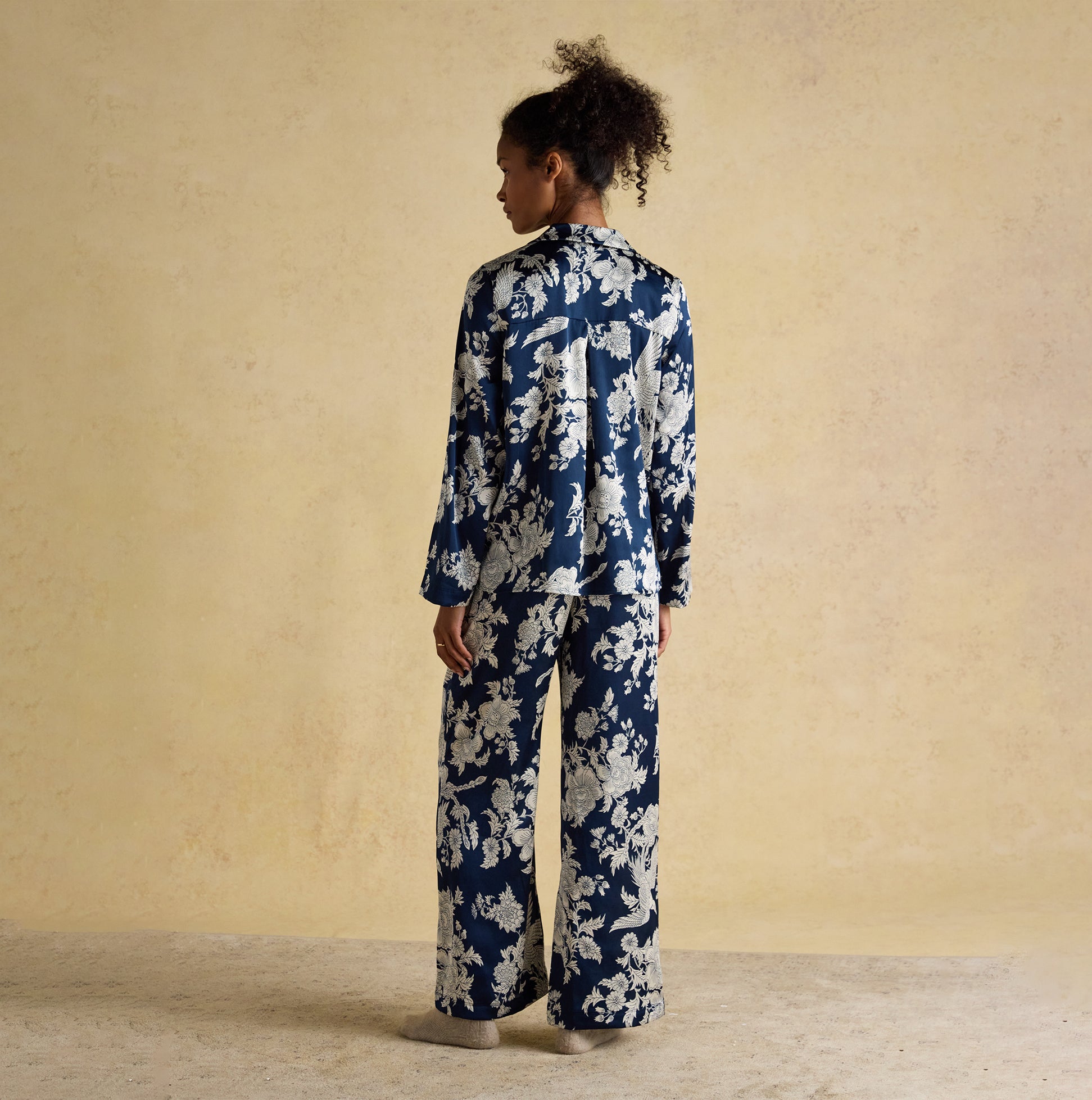 Joules BONNIE Womens Pyjama Set Navy Floral back view showcasing the floral design on the fabric.