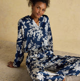 Joules BONNIE Womens Pyjama Set Navy Floral front view, showcasing floral design and soft fabric.