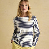Joules HARBOUR Boat Neck 100% Cotton Breton Top Cream/Navy Stripe front view on model