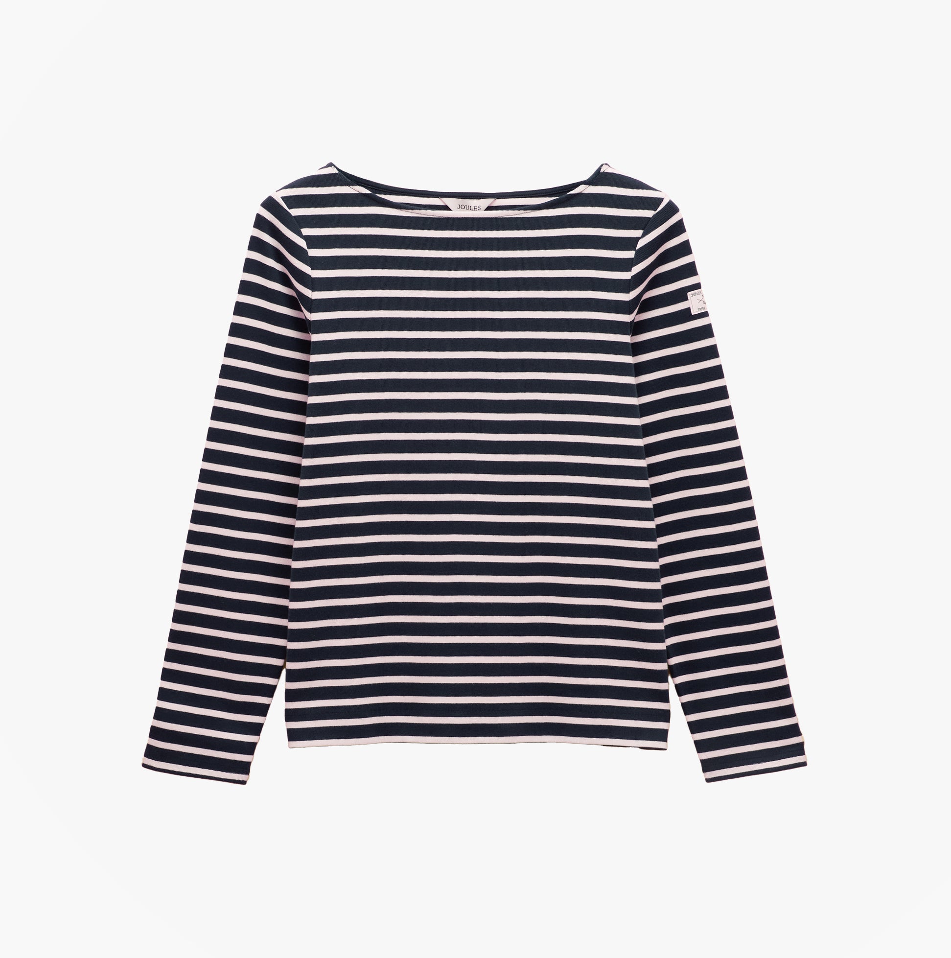 Joules HARBOUR Boat Neck 100% Cotton Breton Top Navy/White Stripe front view display.