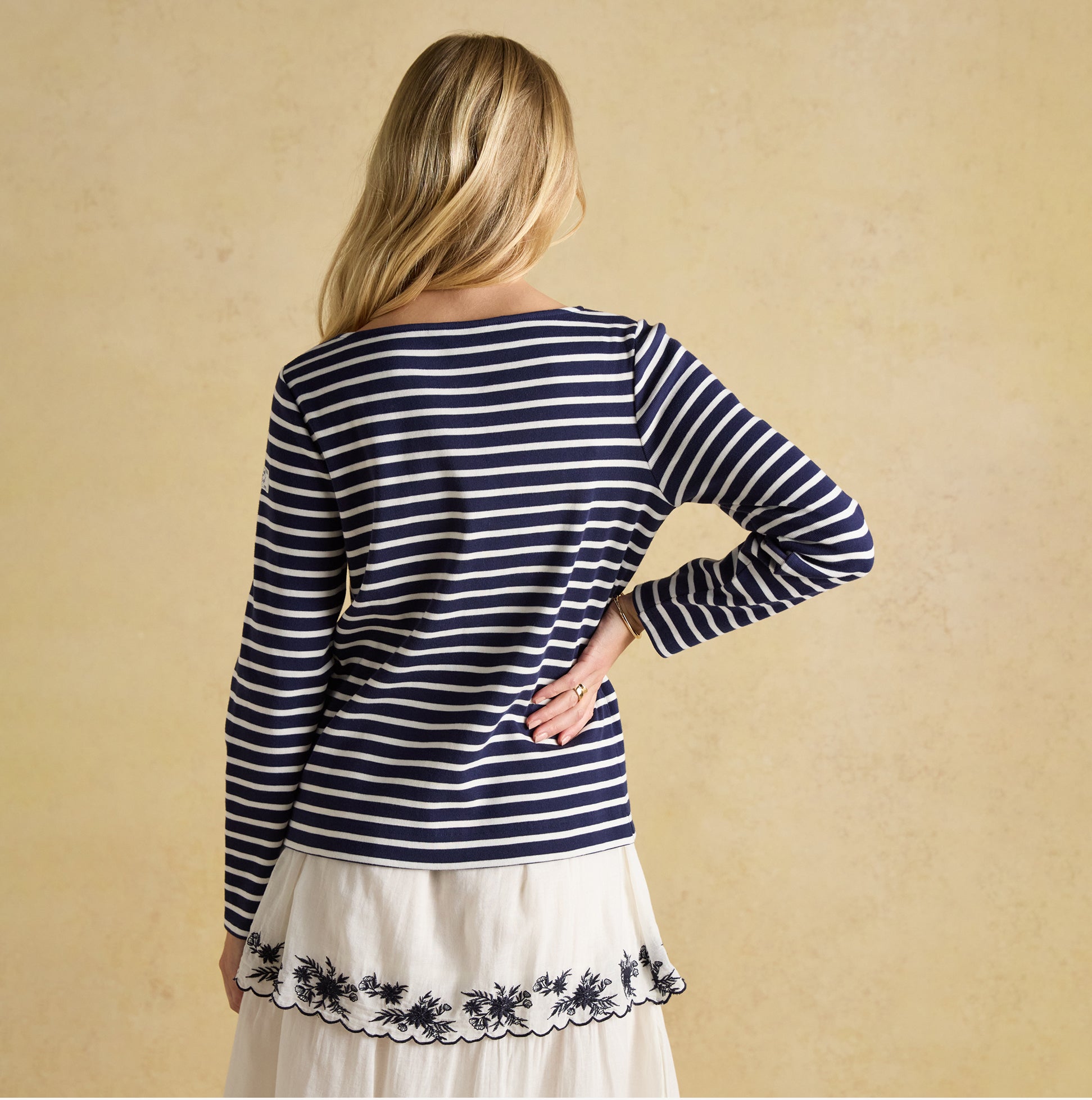 Joules HARBOUR Boat Neck 100% Cotton Breton Top Navy/White Stripe back view on model, showcasing long sleeves and striped pattern.