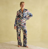 Joules ALMA Womens Pyjama Set Horse Multi front view showcasing long sleeves, patch pocket, and horse print design.