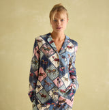 Joules ALMA Womens Pyjama Set Horse Multi front view featuring long sleeves, patch pocket, and colorful horse print.