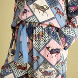 Joules ALMA Womens Pyjama Set Horse Multi detail view featuring patterned fabric and elasticated waist with drawcord.