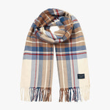 Joules LANGTREE Womens Scarf Cream Check front view featuring checked pattern and tasselled ends.
