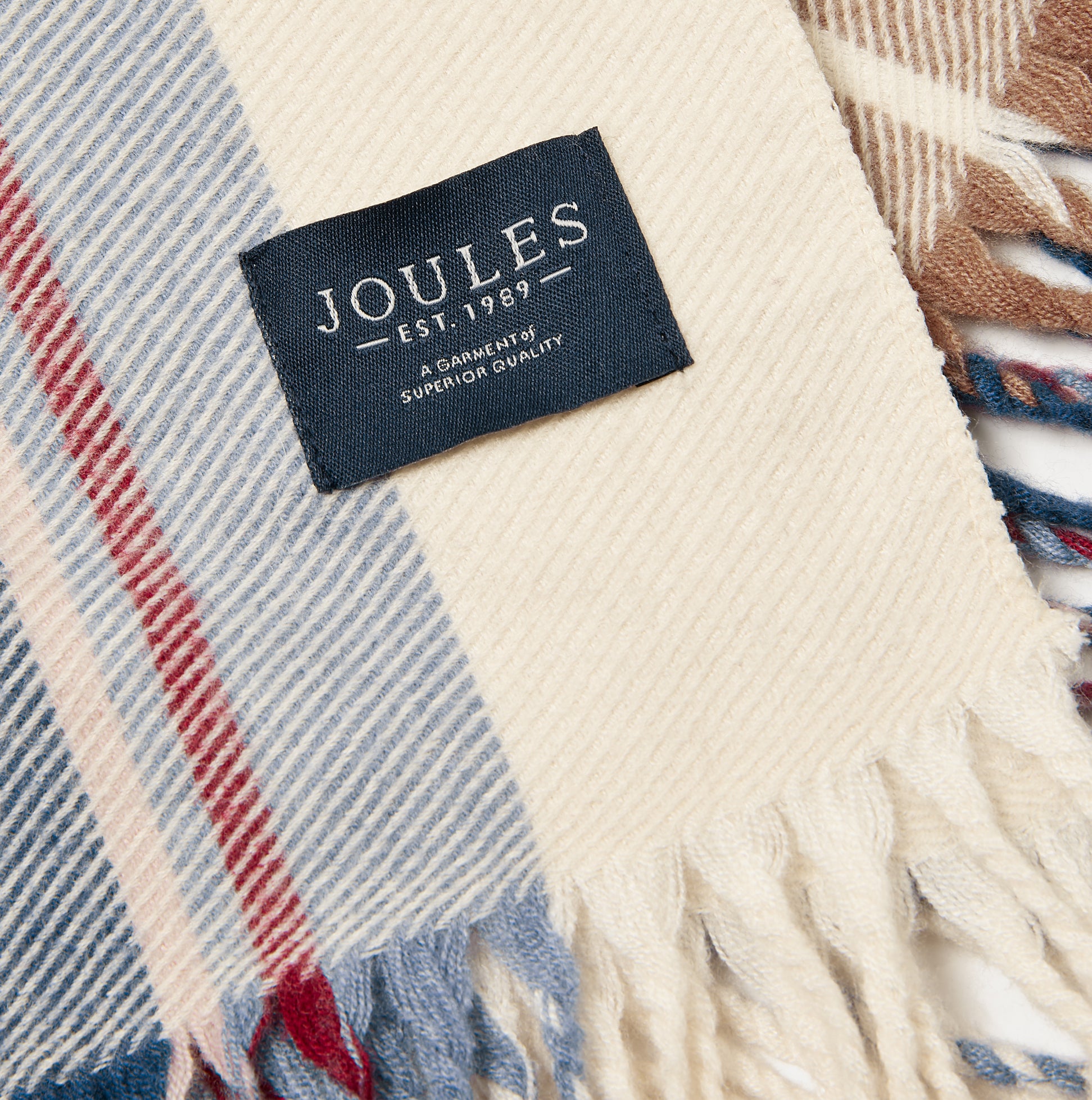 Joules LANGTREE Womens Scarf Cream Check Detail View of Woven Fabric with Joules Branded Tab and Tasselled Ends