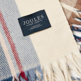 Joules LANGTREE Womens Scarf Cream Check Detail View of Woven Fabric with Joules Branded Tab and Tasselled Ends