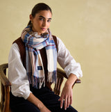 Joules LANGTREE Womens Scarf Cream Check worn by model in detail view, showcasing its checked pattern and tasselled ends.