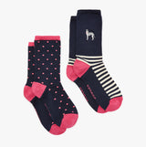 Joules EVERYDAY 2-Pack Womens Socks Navy Dog front view showing two designs: polka dot and striped.
