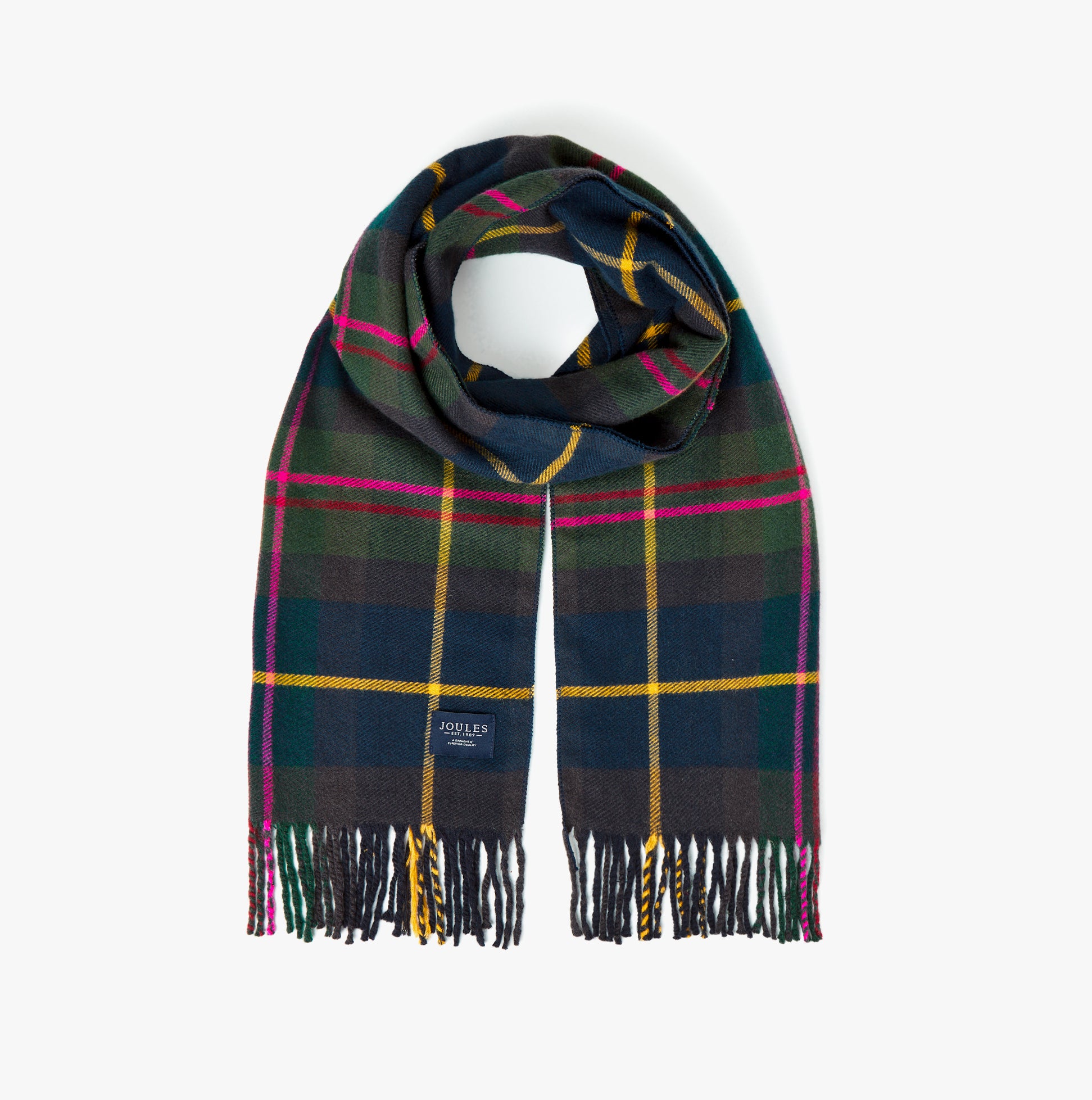 Joules LANGTREE Womens Scarf Navy Check front view showcasing the classic check design with fringes.