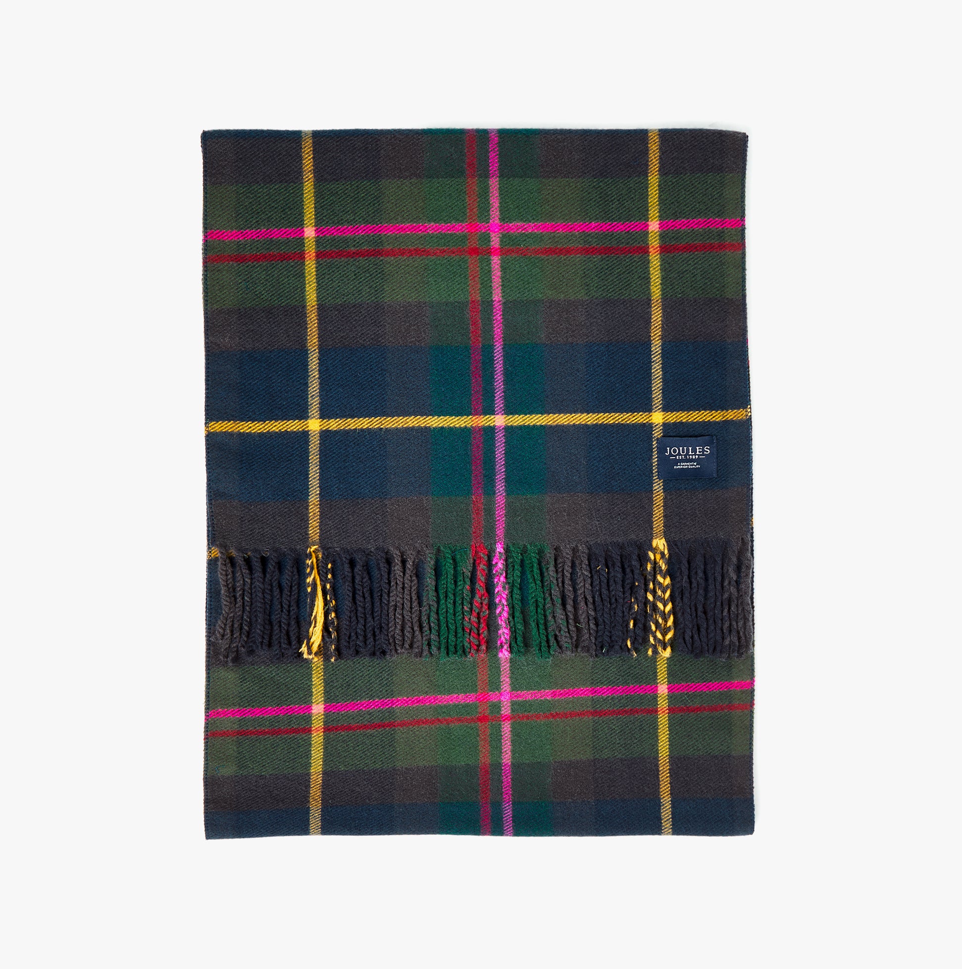 Joules LANGTREE Womens Scarf Navy Check flat view showcasing tartan pattern, fringed edges, and brand label detail.