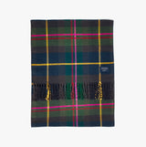 Joules LANGTREE Womens Scarf Navy Check flat view showcasing tartan pattern, fringed edges, and brand label detail.