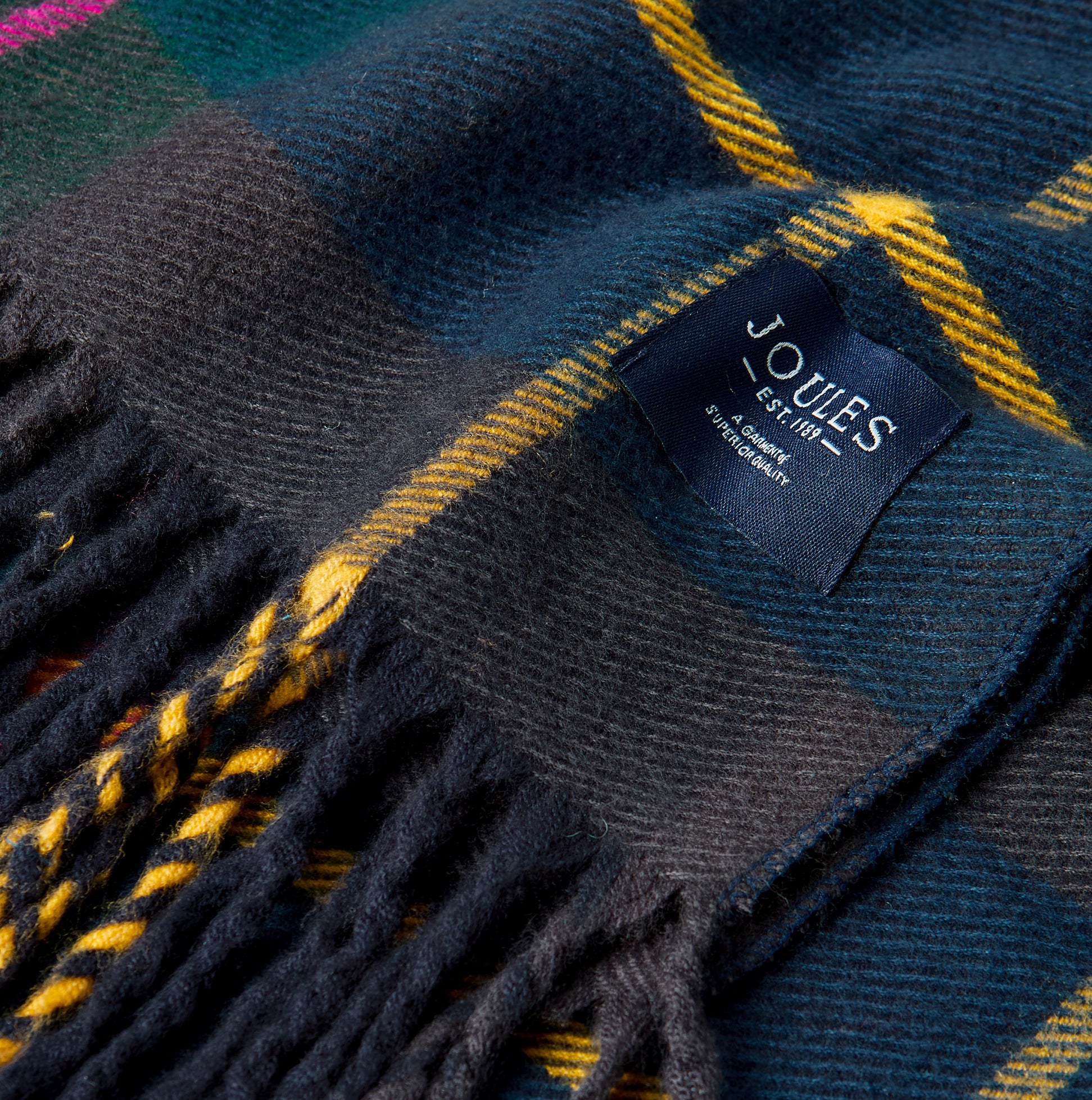 Joules LANGTREE Womens Scarf Navy Check close-up view with label and fringes details.