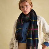 Joules LANGTREE Womens Scarf Navy Check wrapped around model's neck with gray and colorful check pattern detail.