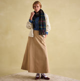 Joules LANGTREE Womens Scarf Navy Check worn with a denim shirt and long skirt, front view showcasing style and color details.