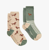 Joules EVERYDAY 2-Pack Womens Socks Green Dog front view showing designs with dogs and stripes.