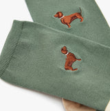 Joules EVERYDAY 2-Pack Womens Socks Green Dog detail view featuring embroidered dog design on green fabric.