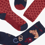 Joules EVERYDAY 2-Pack Womens Socks Navy Horse, top view of patterned navy and burgundy socks featuring horse design.