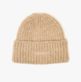 Joules CAVERSHAM Womens Beanie Oat top view showing ribbed texture and logo detail.
