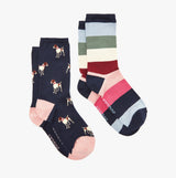 Joules EVERYDAY 2-Pack Womens Socks Navy Patch, front view showcasing navy with dog print and color striped socks.