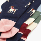 Joules EVERYDAY 2-Pack Womens Socks Navy Patch detail view showing playful dog design in navy and pastel colors.
