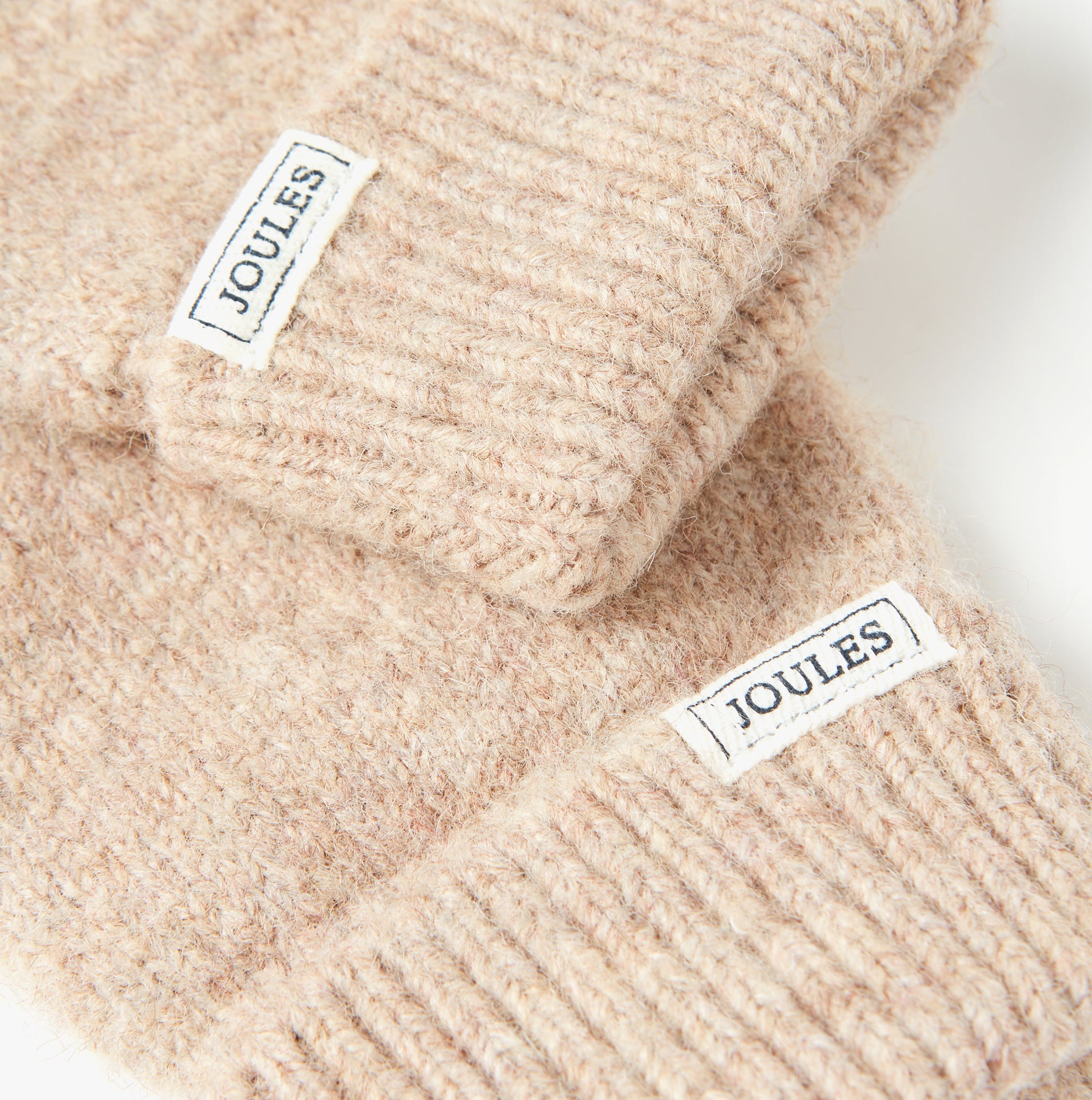 Joules CAVERSHAM Womens Gloves Oat detail view showing soft texture and branding labels.
