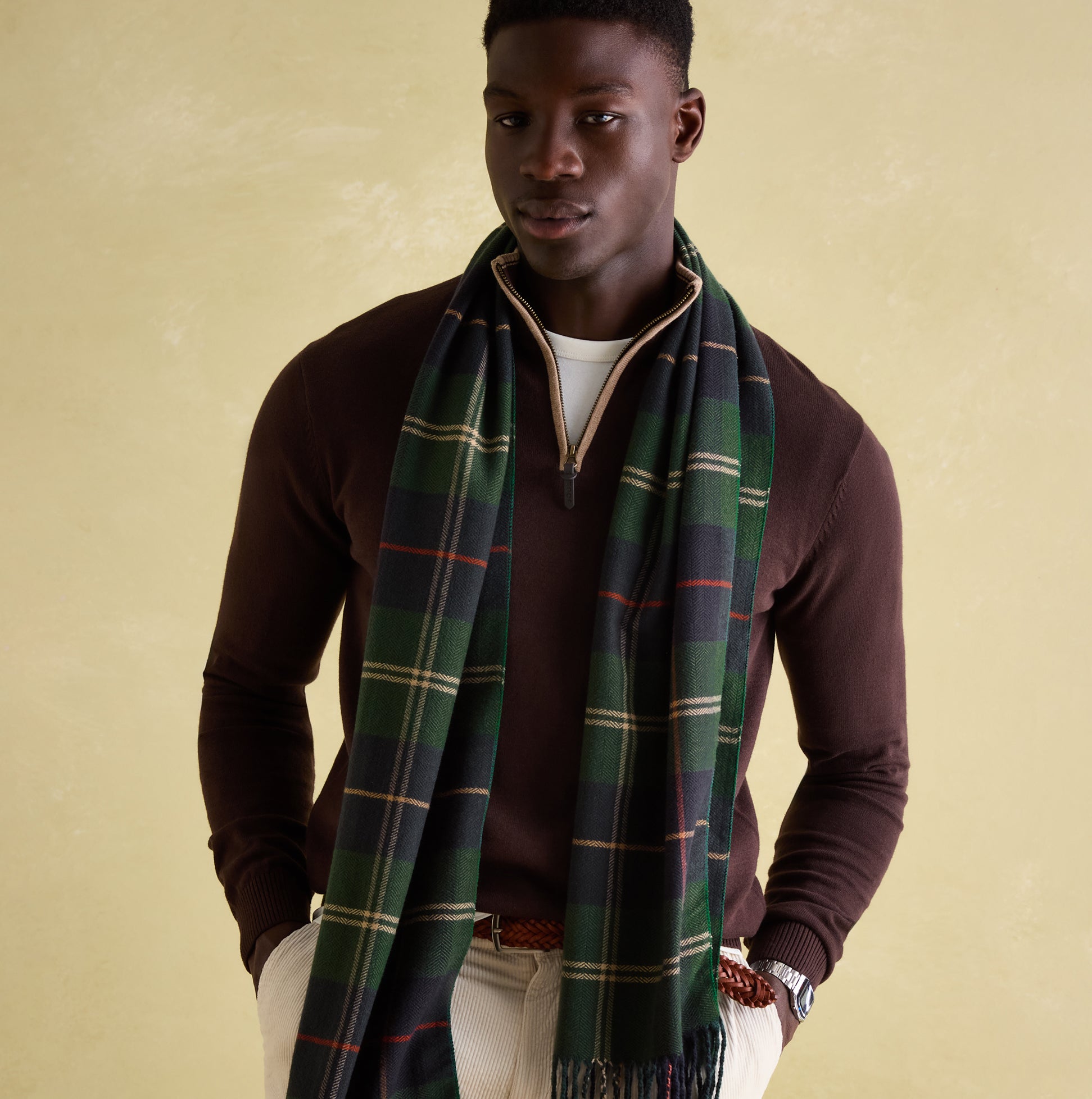 Joules MENS LANGTREE Mens Scarf Navy Check worn by model, styled with brown sweater, showcasing detail view of the checked pattern.