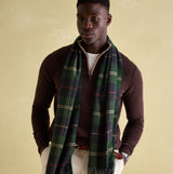 Joules MENS LANGTREE Mens Scarf Navy Check worn by model, styled with brown sweater, showcasing detail view of the checked pattern.