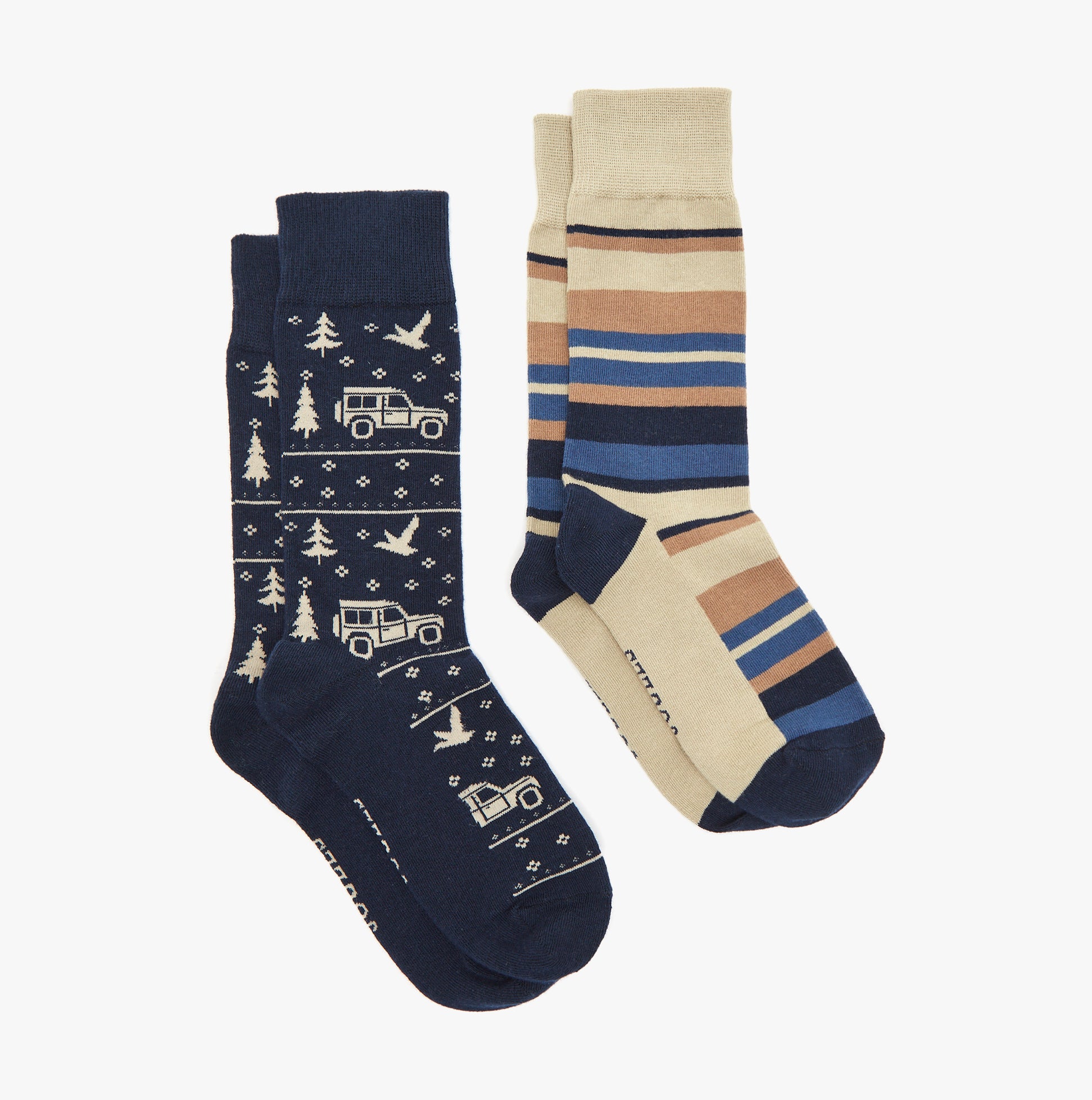Joules KINGSBURY 2-Pack Mens Socks Navy Car, front view showcasing patterned and striped crew socks.