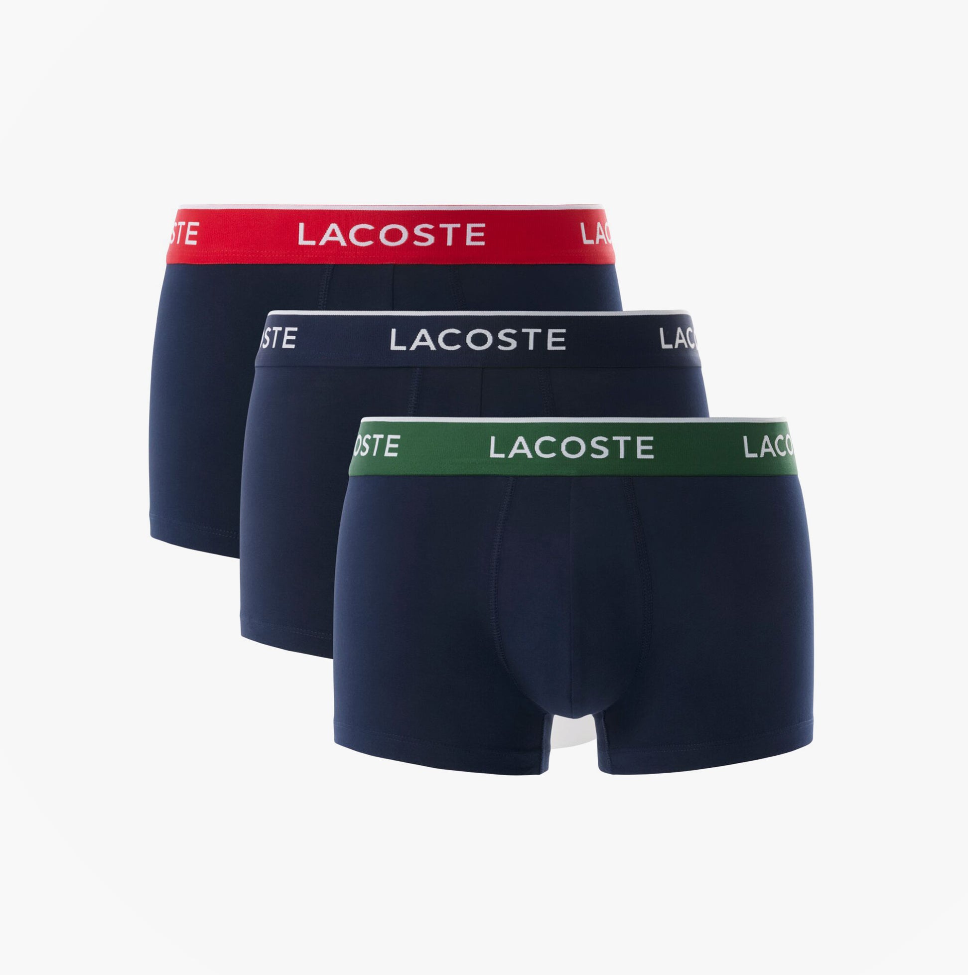 Lacoste 3 Pack Trunks Mens Trunks Navy Blue/Green/Red/Navy Blue side view showing all three pairs with different waistband colors.