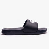 Lacoste SERVE Mens Sliders Navy/White side view showing slip-on design and lightweight synthetic material.