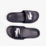 Lacoste SERVE Mens Sliders Navy/White top view showcasing synthetic upper and logo detail.