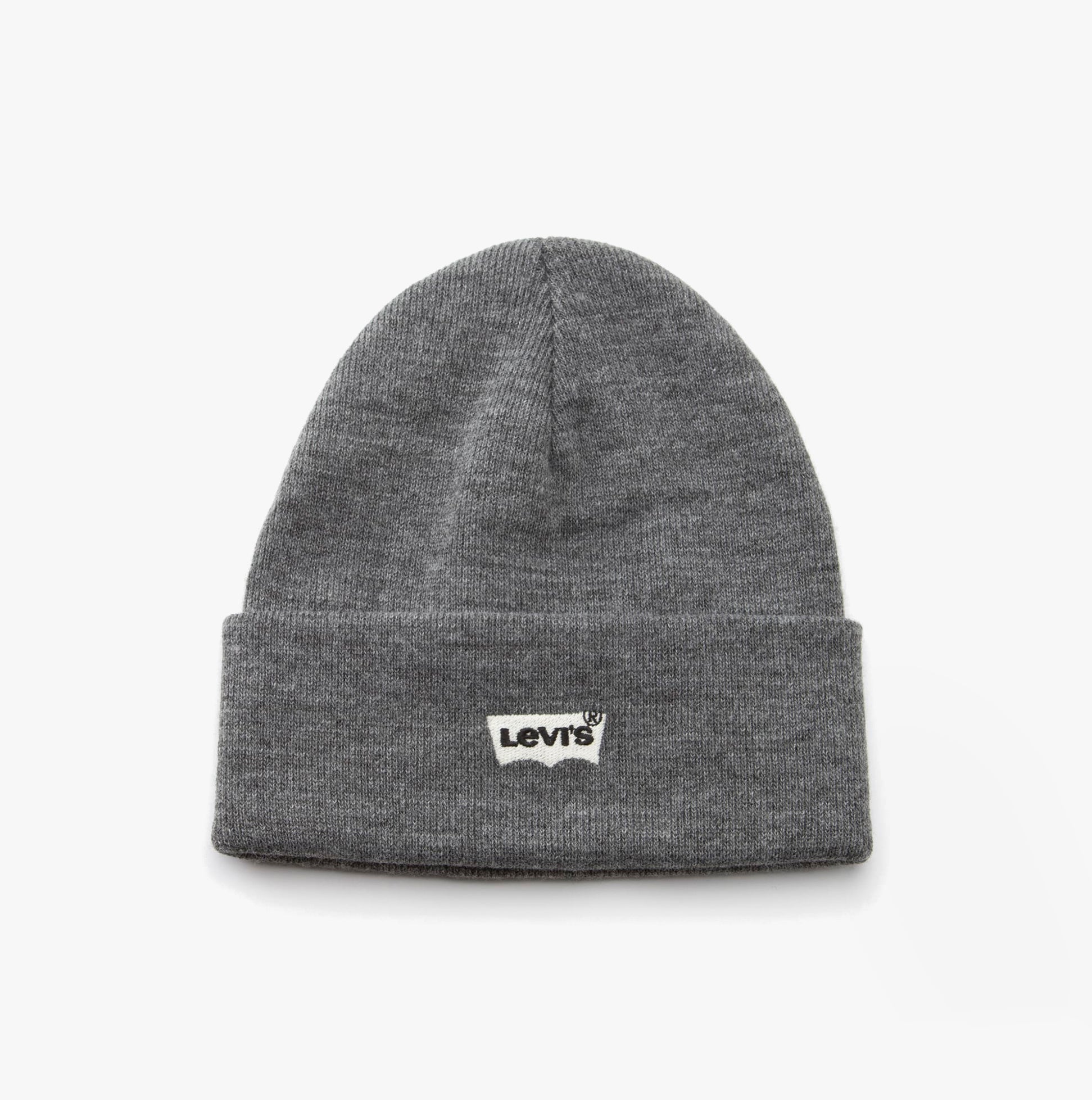 Levi's BATWING EMBROIDERED SLOUCHY BEANIE Mens Regular Grey top view showcasing soft cotton fabric and logo detail.