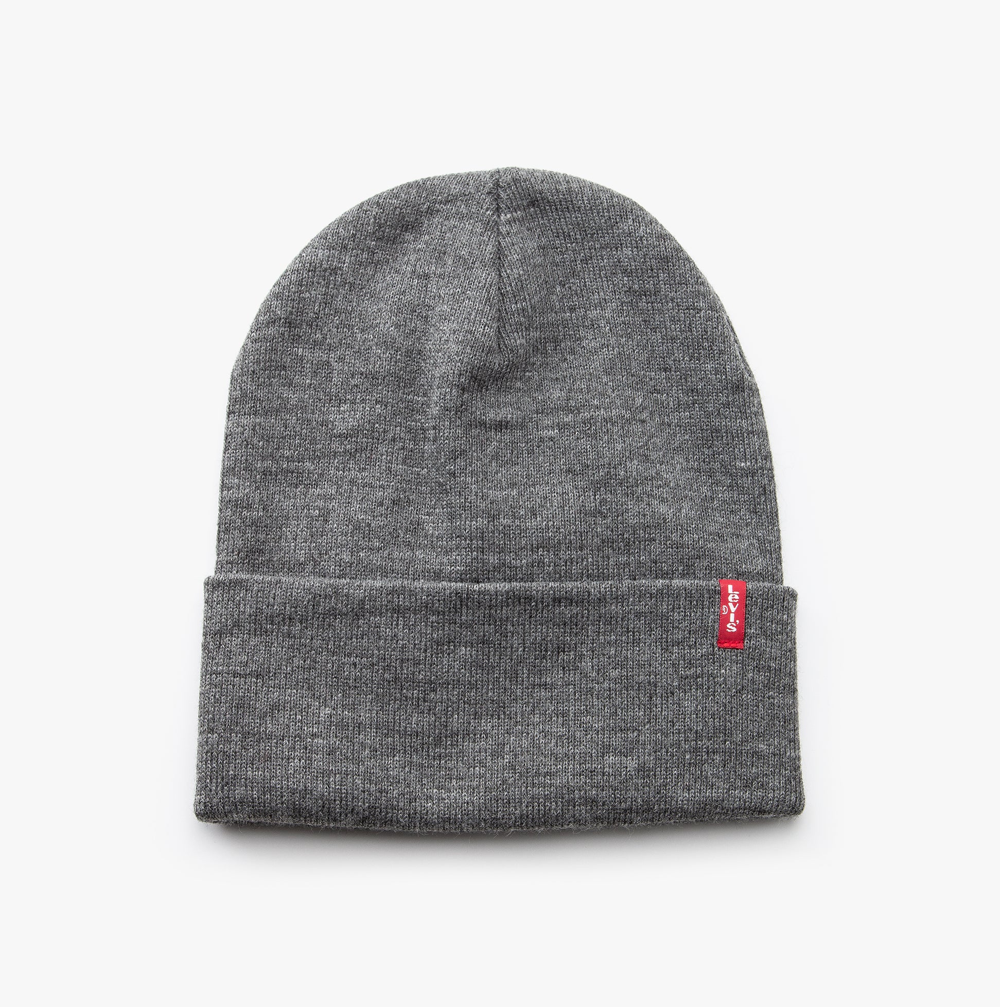 Levi's SLOUCHY RED TAB Unisex Hat Grey front view, soft grey beanie with red logo, adjustable, 100% acrylic.