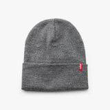 Levi's SLOUCHY RED TAB Unisex Hat Grey front view, soft grey beanie with red logo, adjustable, 100% acrylic.