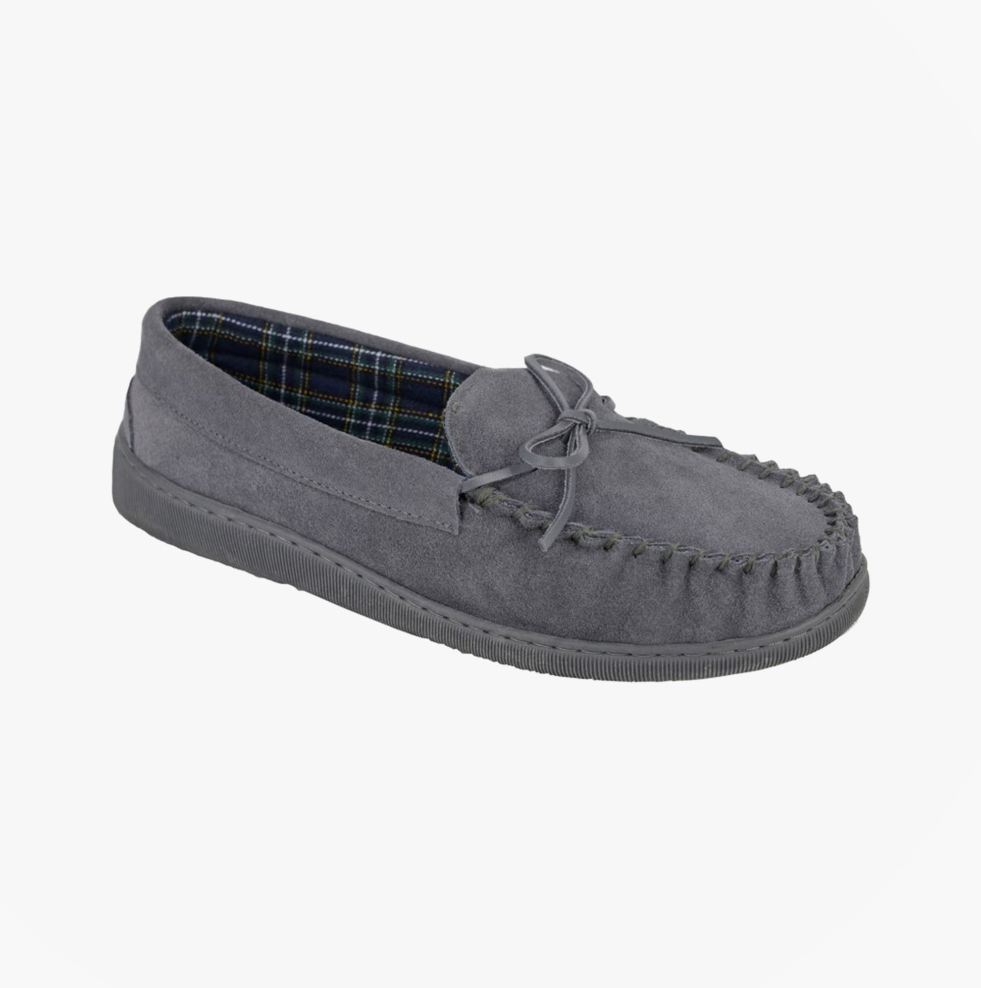 Mokkers ADIE Mens Moccasins Slippers Grey side view showing suede leather upper and plaid lining.