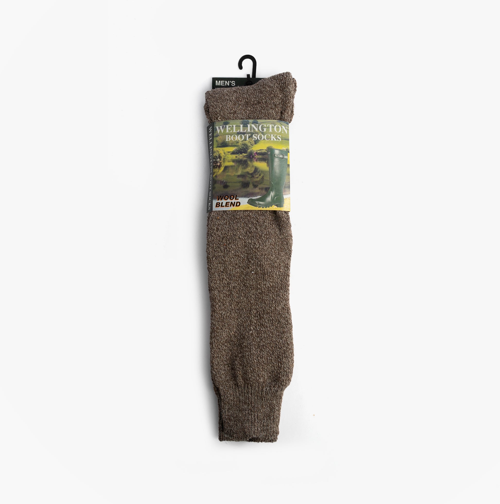Mud Dogs Mens Welly Boot Socks Beige displayed in a front view, showcasing the wool blend material and packaging.