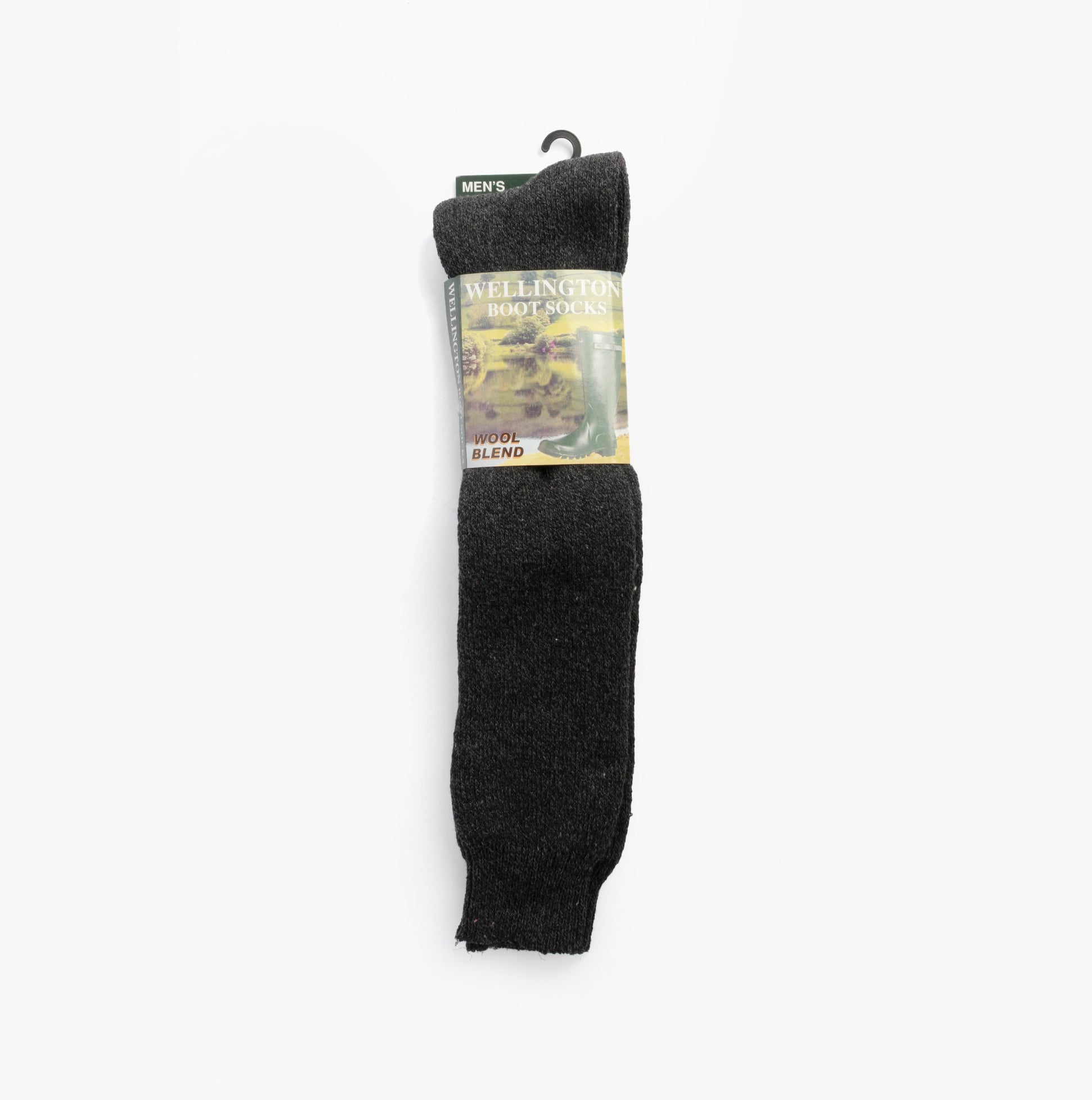 Mud Dogs Mens Welly Boot Socks Black front view with packaging, wool blend material, single item.