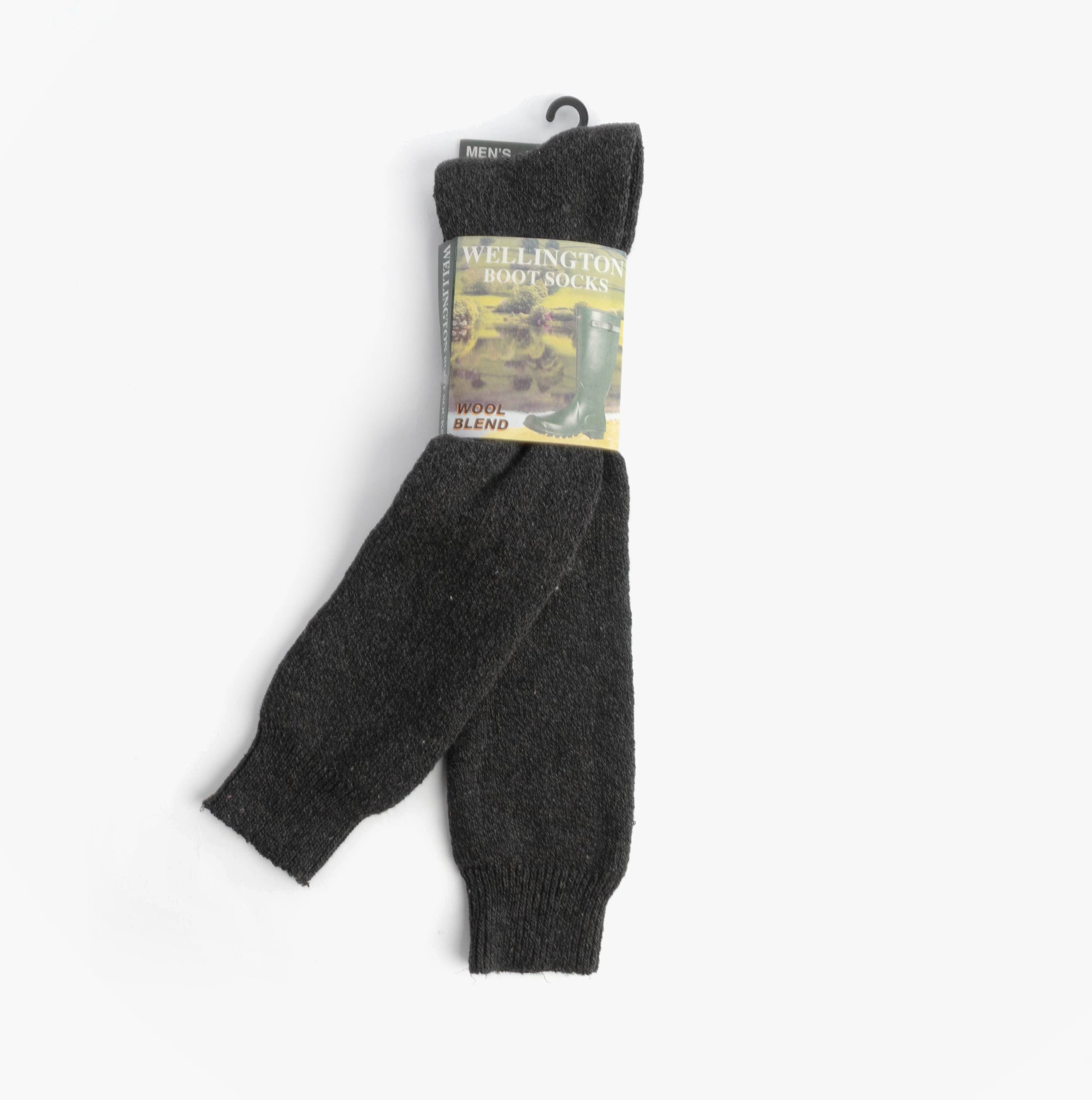Mud Dogs Mens Welly Boot Socks Black front view, wool blend material, packaged with label.